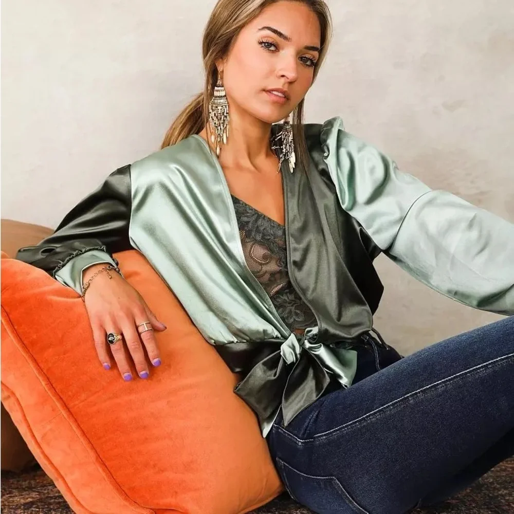Satin Tie-Front Blouse in Green willow and root - Picture 3 of 6